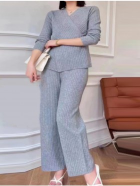 Solid Color Ribbed Sweater and Pants Set with Drawstring